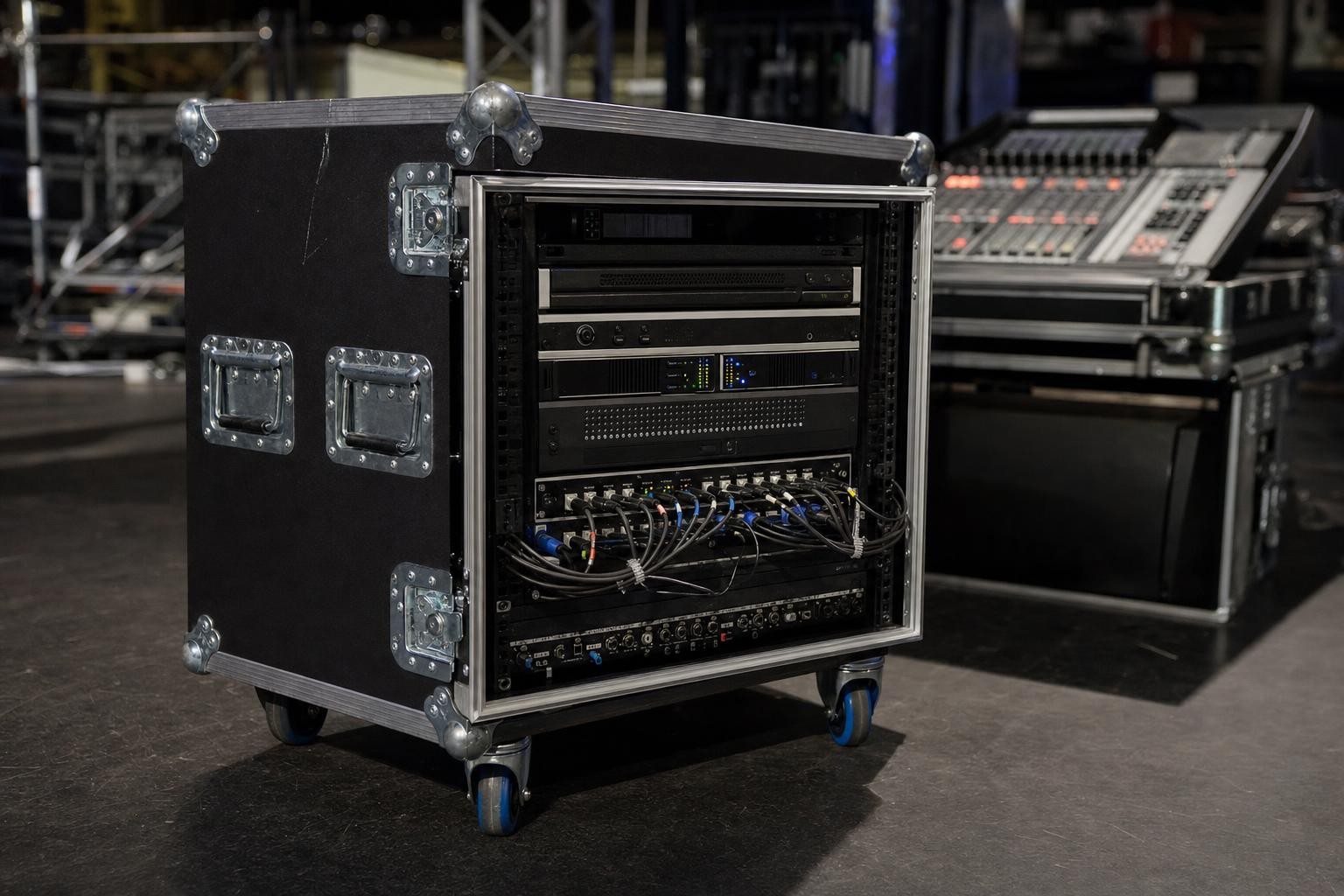 19 Inch Rack Cases With No Lids Left Behind the Stage