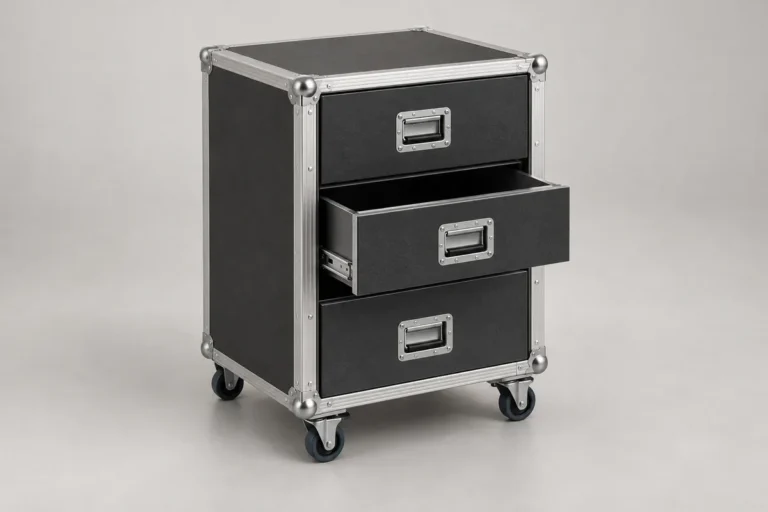 Illustration of a three-drawer cabinet case on castors